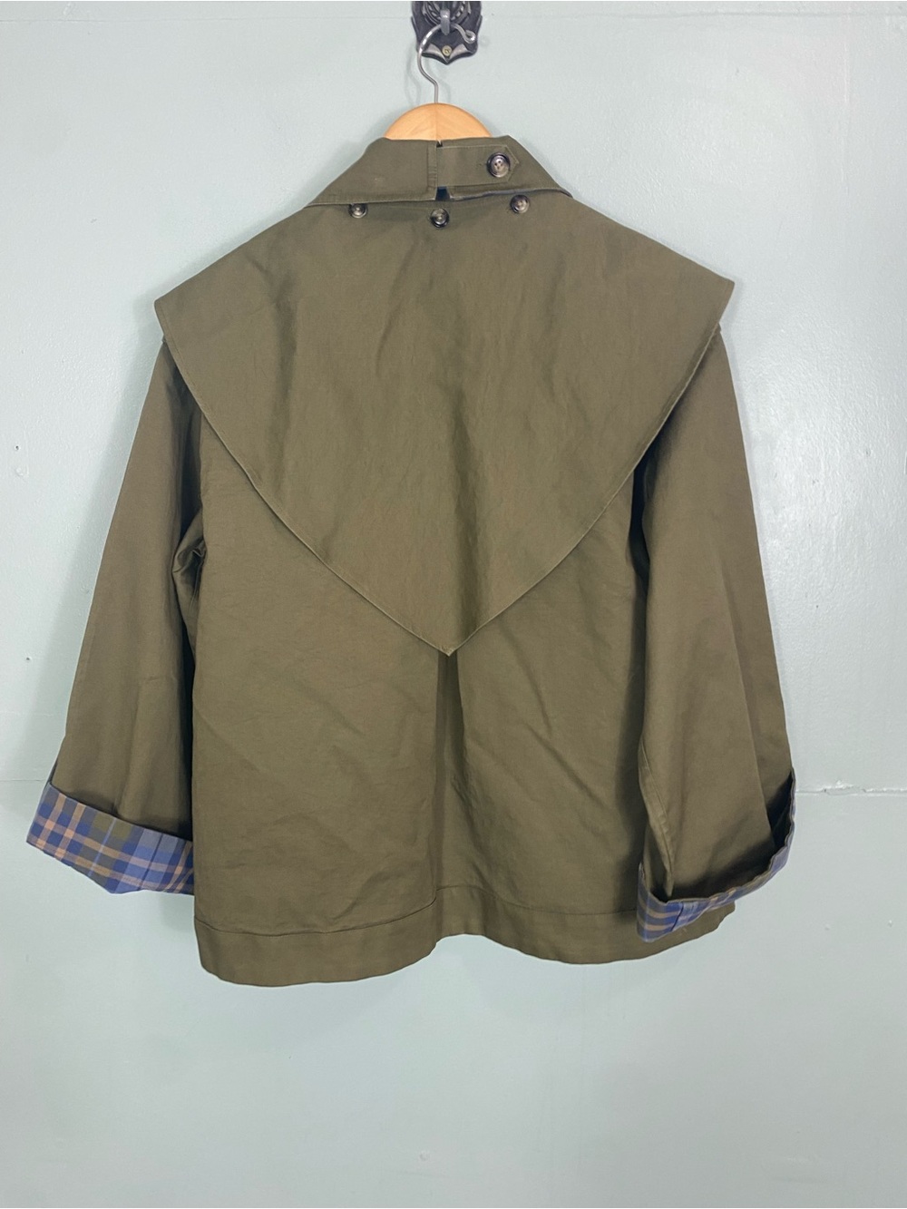 Damson Madder Jerry Short Trench Coat Green Olive Plaid Size 6 - Picture 6 of 6